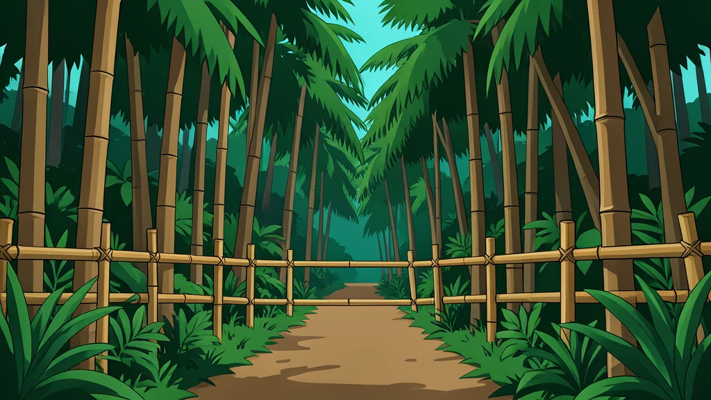 A dense tropical forest with a bamboo barrier erected across a dirt path