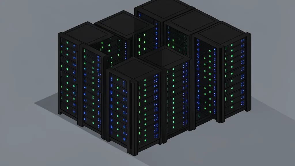 A modern server room with rows of black racks and blinking status lights