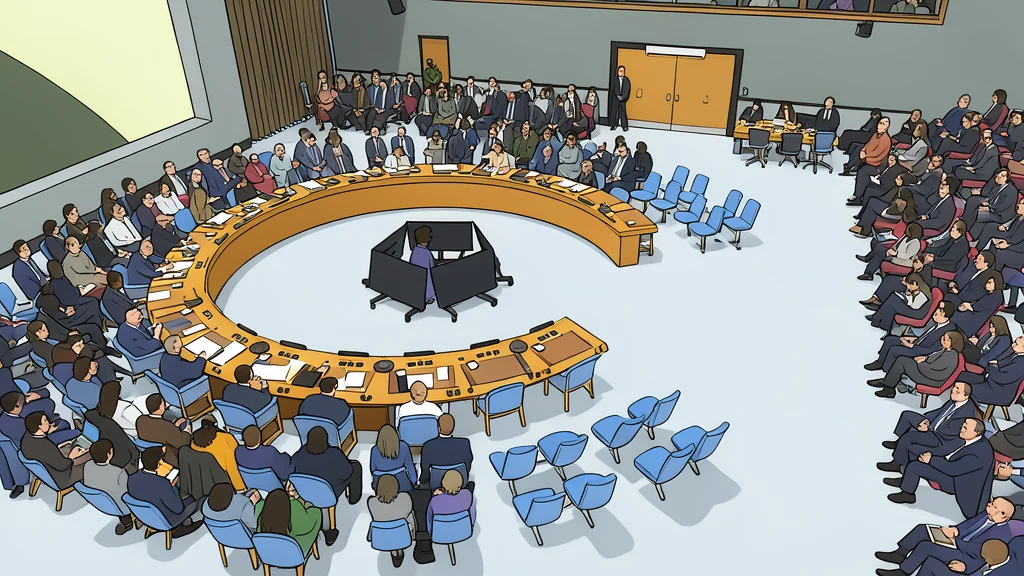 A large circular wooden table with microphones and water glasses surrounded by empty chairs in a dimly lit assembly hall.