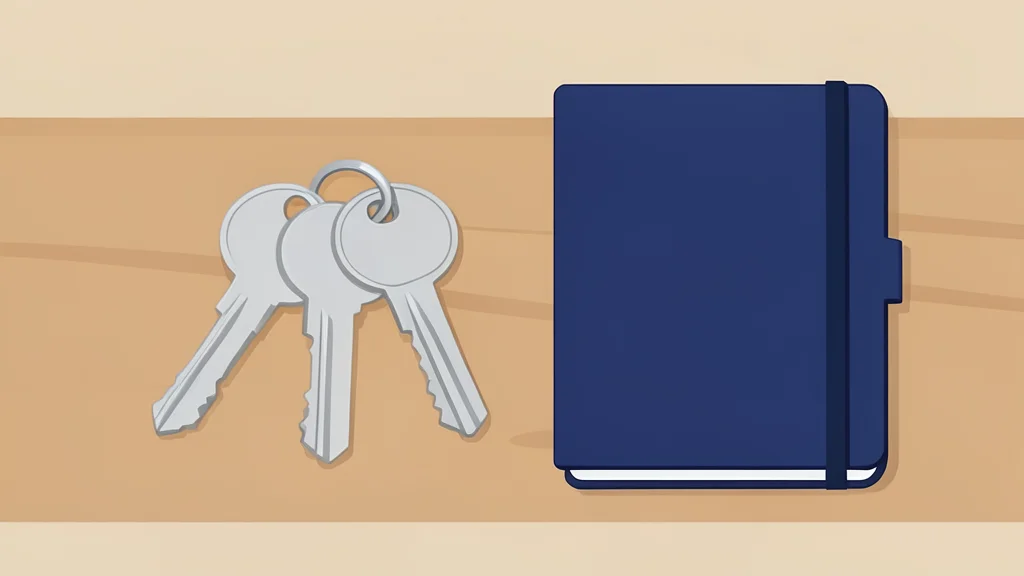 A set of house keys resting on a wooden table next to a closed notebook