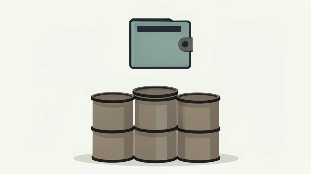 A digital wallet icon floating above a stack of crude oil barrels