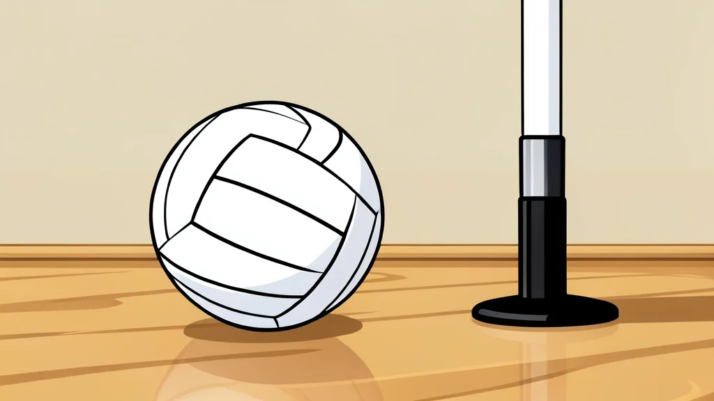 A white volleyball resting on a polished wooden gymnasium floor near a net post