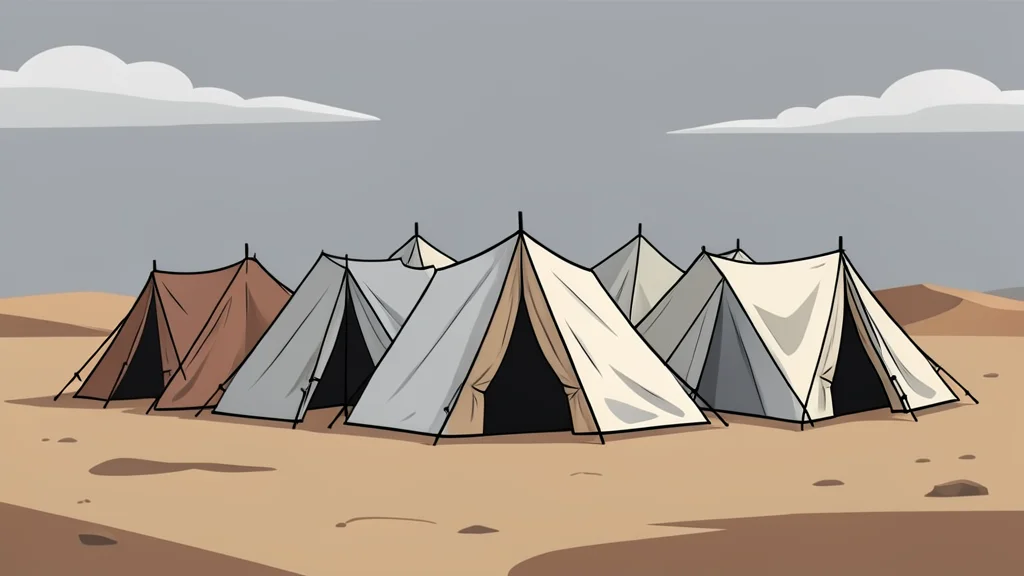 A cluster of makeshift fabric tents set up on a dusty, open landscape under a grey sky