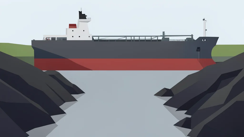 A large oil tanker ship navigating through a narrow, rocky strait