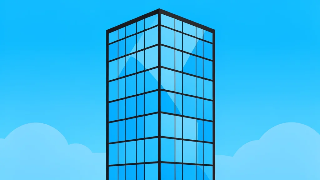 A modern glass skyscraper with a grid of windows reflecting the sky
