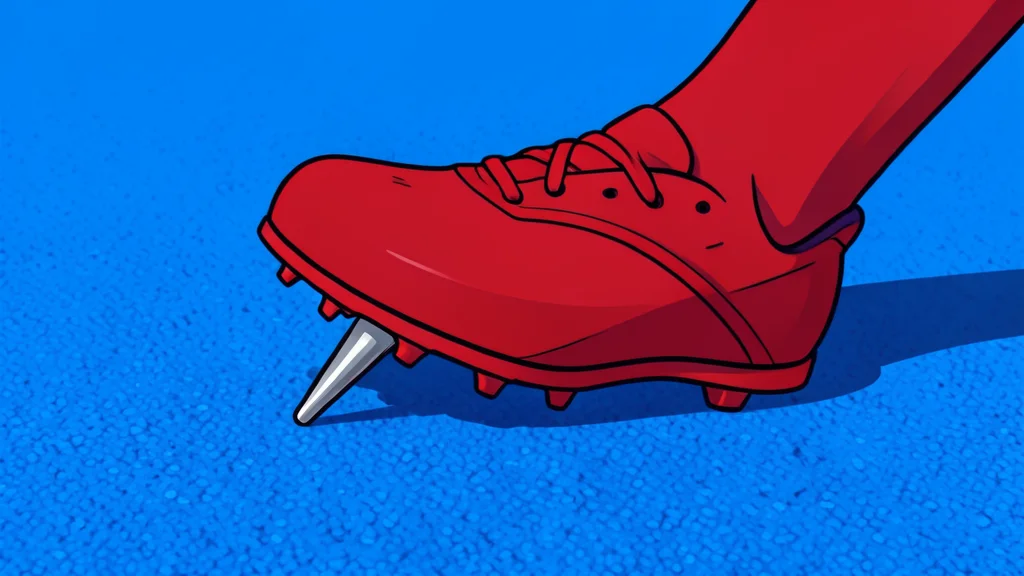 A pair of red running spikes resting on a blue synthetic track surface