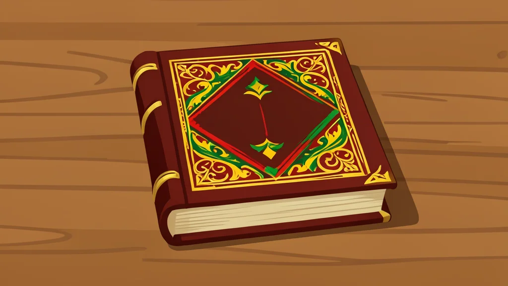 An ancient leather-bound book with intricate gold patterns and vivid red, green, and yellow illustrations resting on a wooden table.