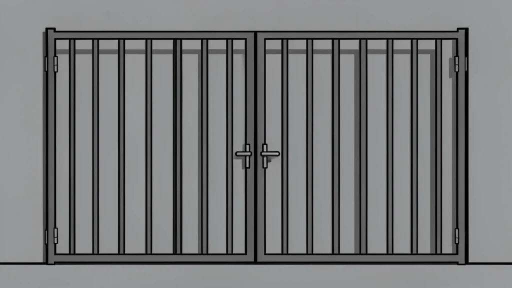 A closed metal gate with heavy bars standing in front of a grey concrete wall