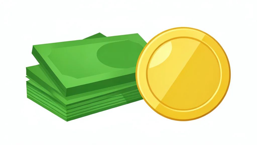 A neat stack of paper currency bills sits next to a single, shiny metallic coin on a plain surface.