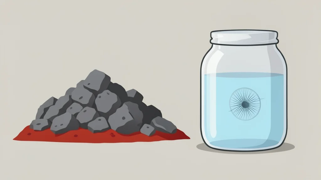 A pile of grey industrial slag and red mud next to a glass jar containing clear water and a single diatom