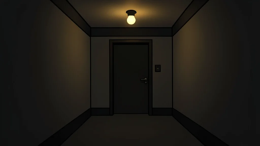 A dimly lit hotel corridor with a single flickering light bulb and a closed door