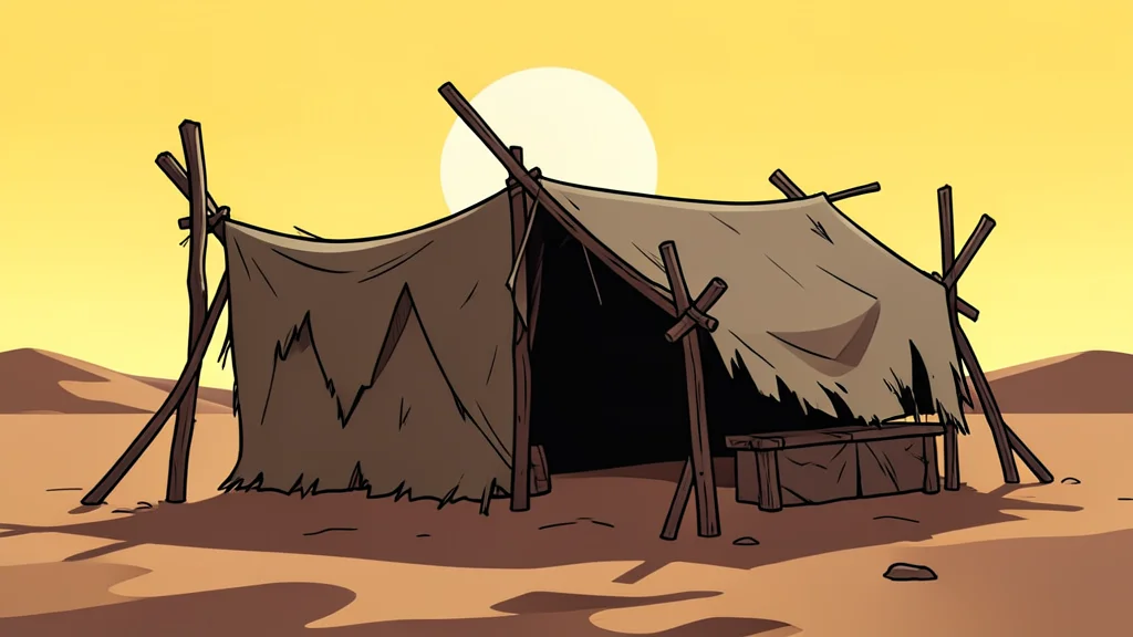 A flat-vector illustration of a dusty, arid landscape featuring a makeshift shelter made of tattered fabric and wooden poles under a harsh sun.