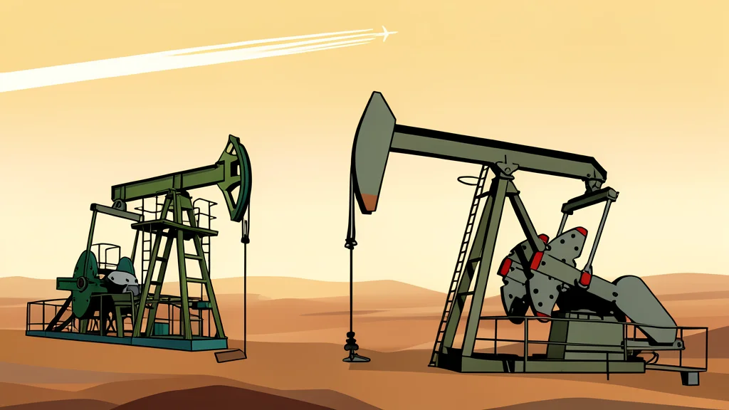 A cluster of industrial oil pumpjacks operating in a vast, flat desert landscape under a clear sky