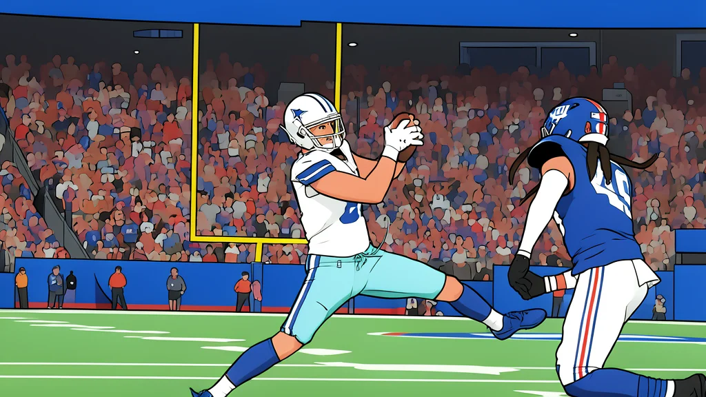 A flat-vector illustration of a green grass football field with white yard lines and distant goalposts.