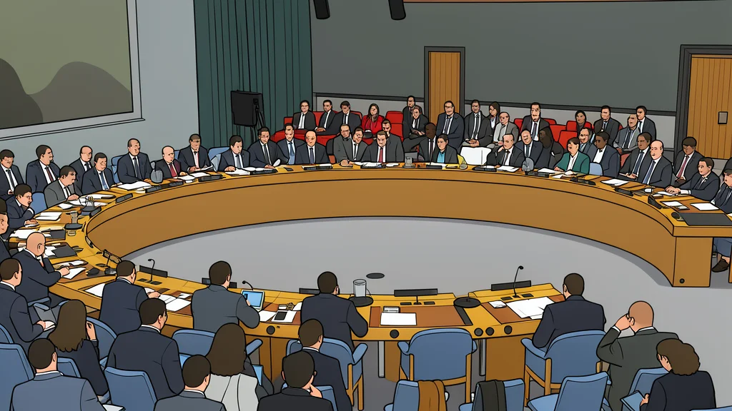 A large, circular wooden table with microphones and water glasses arranged around it, set in a dimly lit conference room.