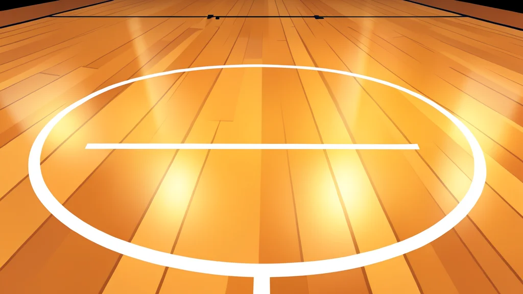 A high-angle view of a polished hardwood basketball court with painted lines and a center circle.