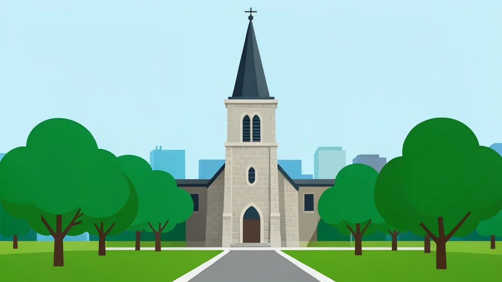 A stone church steeple rising above a city park with green trees and a paved path