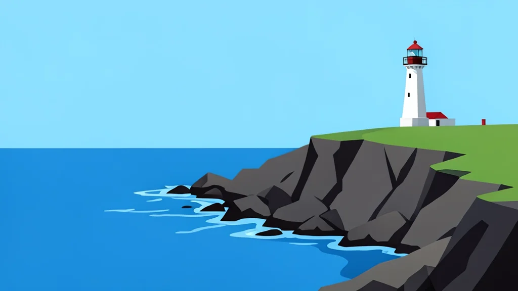 A rocky coastline meeting the sea with a lighthouse standing on a cliff edge