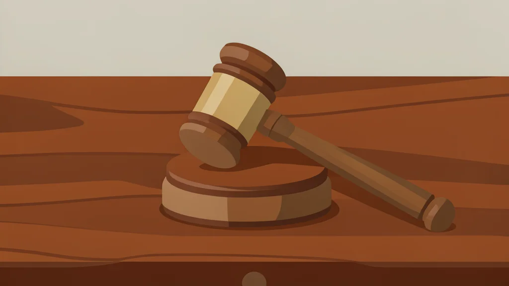 A wooden gavel resting on a polished mahogany desk surface