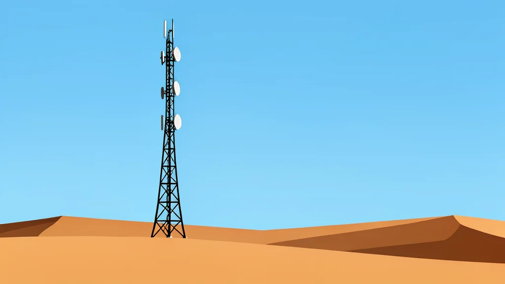 A solitary telecommunications tower standing in a vast desert landscape under a clear sky