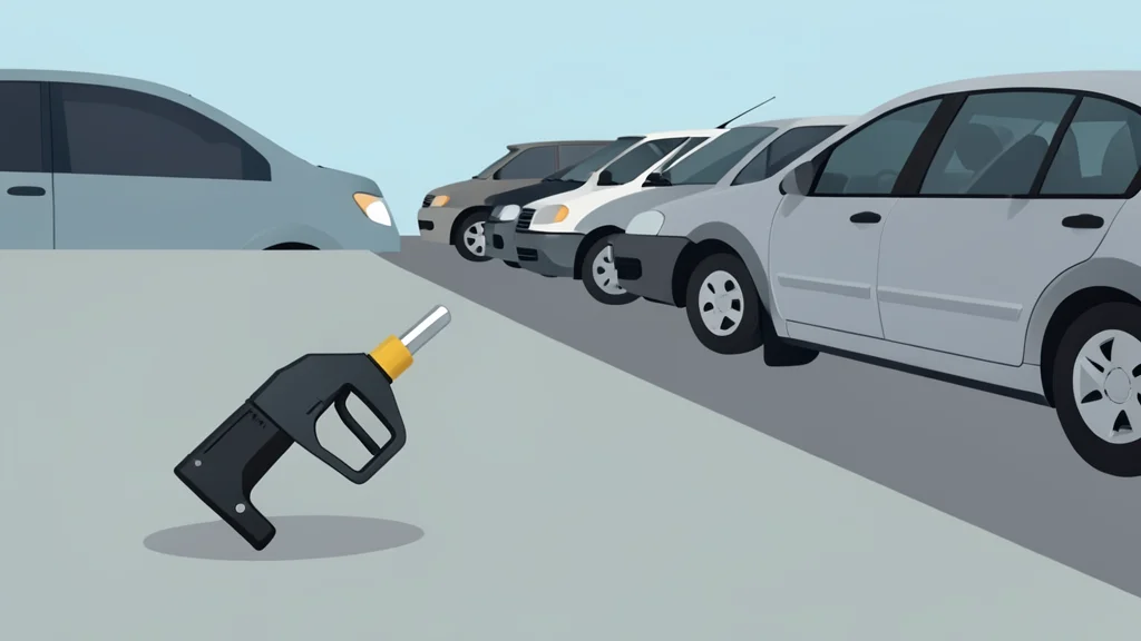 A fuel pump nozzle resting on a concrete surface next to a row of parked cars