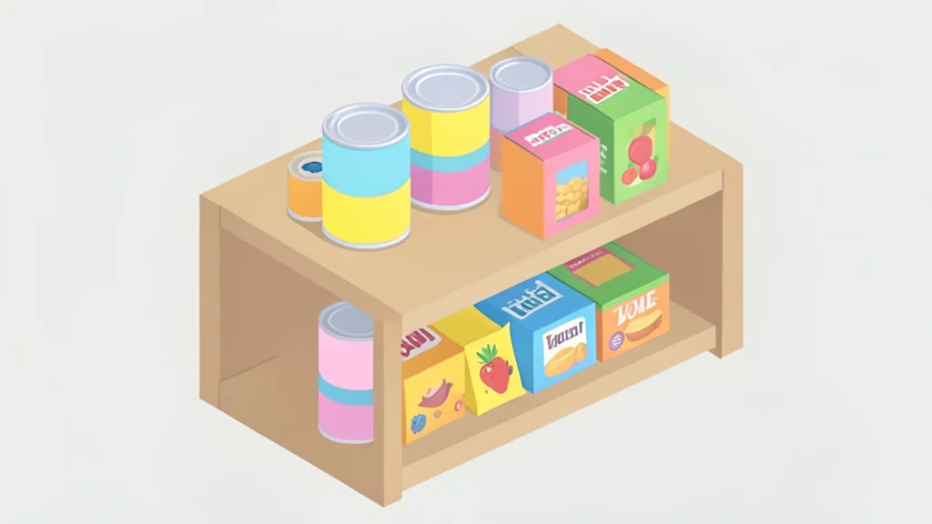 A flat-vector illustration of a wooden shelf stocked with colorful, sealed cans and boxes of packaged snacks.