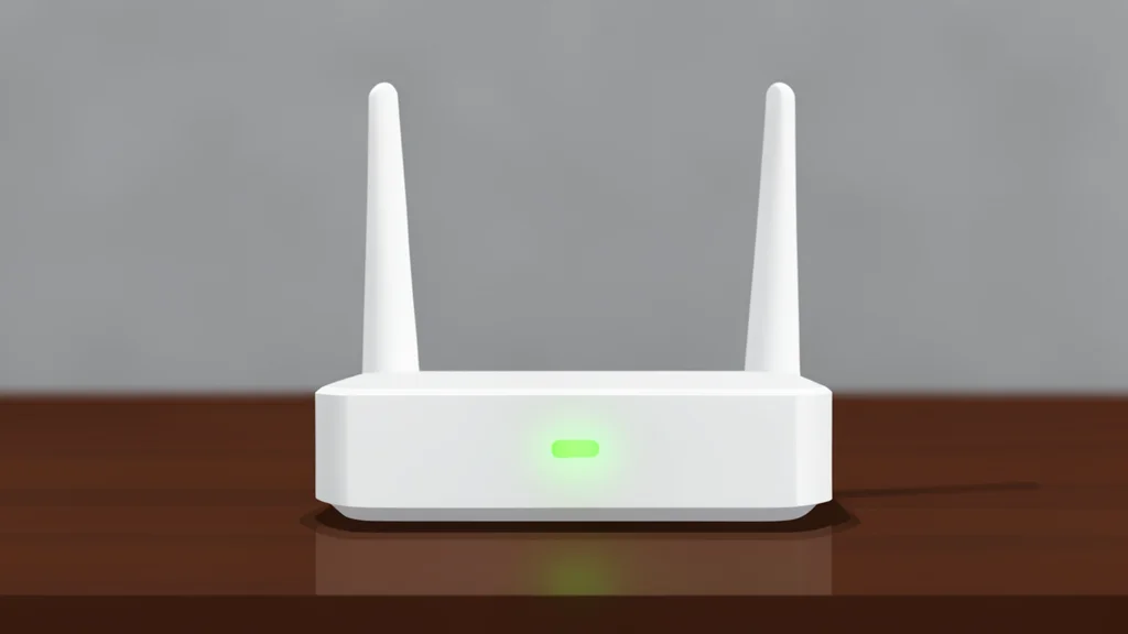 A small white router with blinking lights sits on a wooden desk next to a laptop.