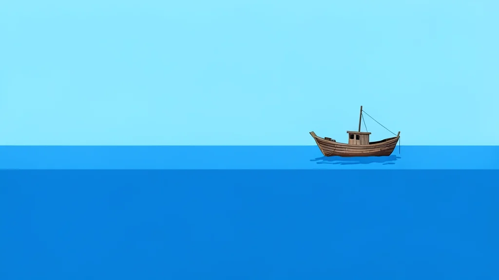 A calm stretch of blue sea with a small, weathered wooden boat floating in the distance