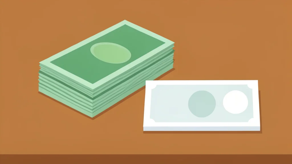 A stack of paper currency notes and a single government bond certificate resting on a wooden desk