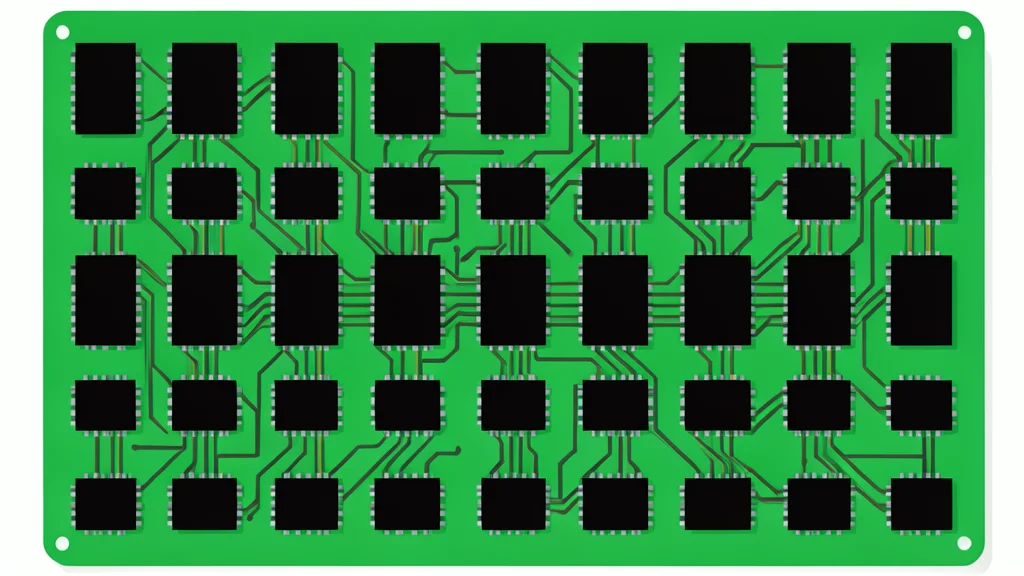A dense array of black rectangular microchips mounted on a green circuit board