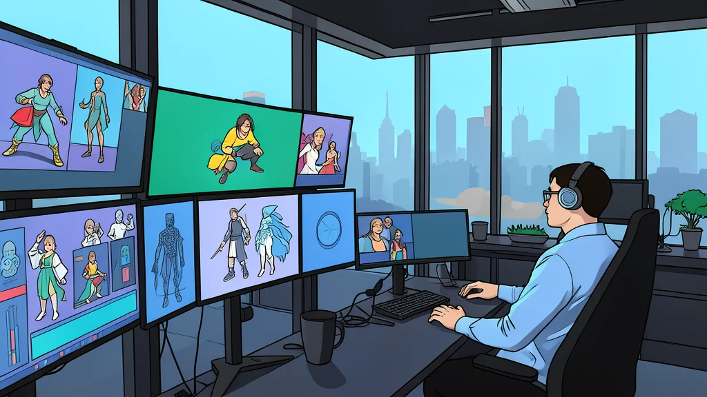 A cluttered desk with a mechanical keyboard, a stylus, and a sketchbook filled with character concepts