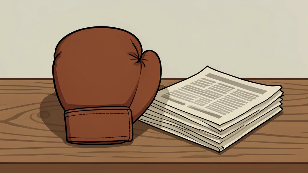 A vintage leather boxing glove resting on a wooden table next to a stack of old newspapers