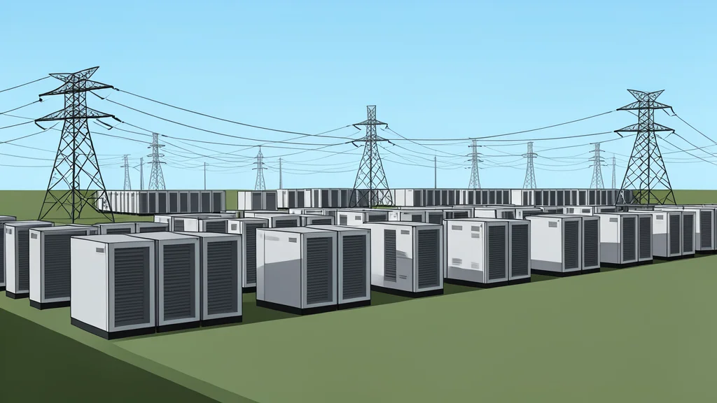 A vast industrial landscape featuring rows of large, boxy server buildings surrounded by high-voltage transmission towers and power lines stretching into the distance.