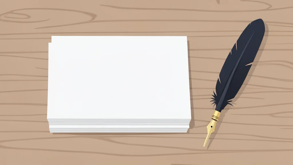 A stack of blank paper ballots resting on a wooden table next to a quill pen