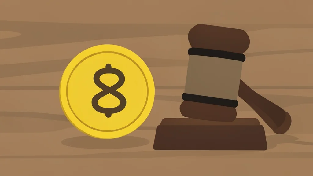 A digital coin resting on a wooden desk next to a gavel