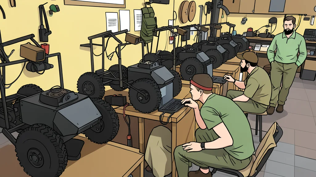 A row of modern military tanks parked on a grassy field with a small, quadcopter drone hovering low above them