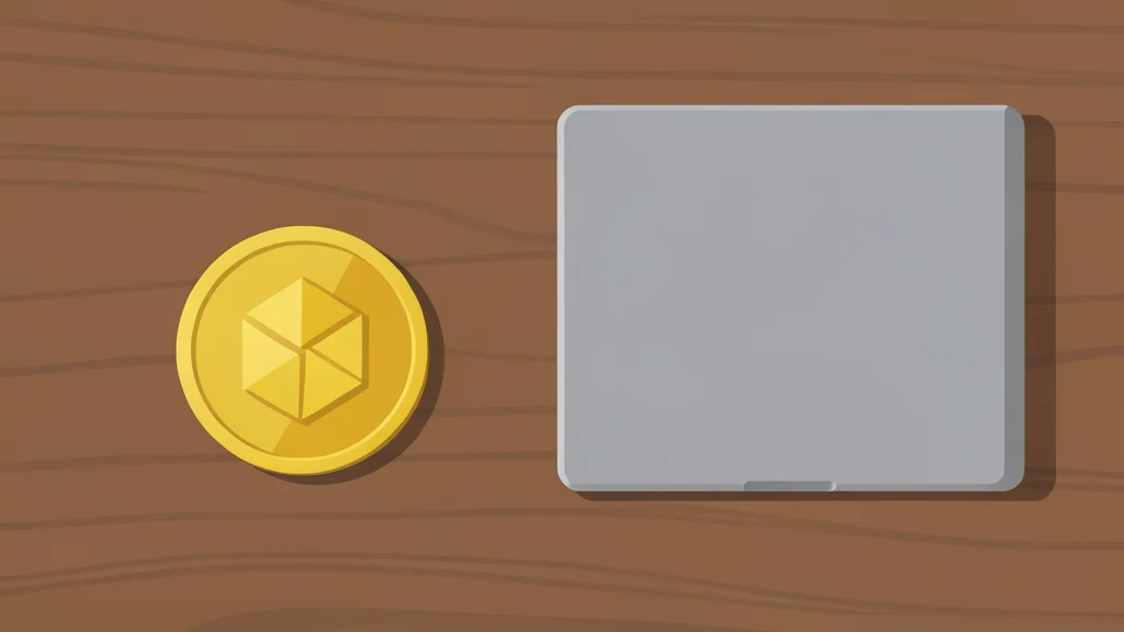 A flat vector illustration of a metallic digital coin resting on a wooden desk surface next to a closed silver laptop.