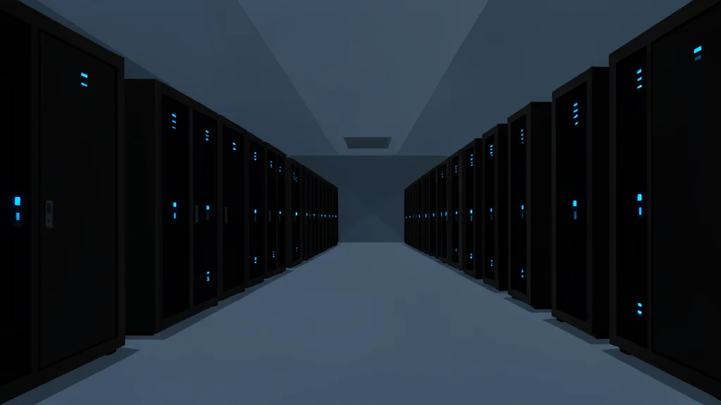 A vast, dimly lit server room with rows of tall black cabinets and glowing blue status lights
