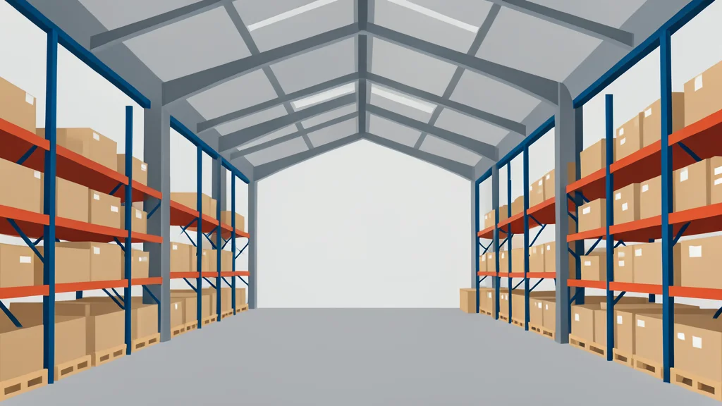 A large, open warehouse interior with high ceilings and industrial racking systems filled with bulk goods