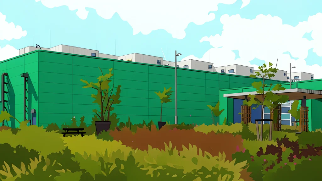 A lush wetland with winding streams and native grasses bordering a modern industrial building