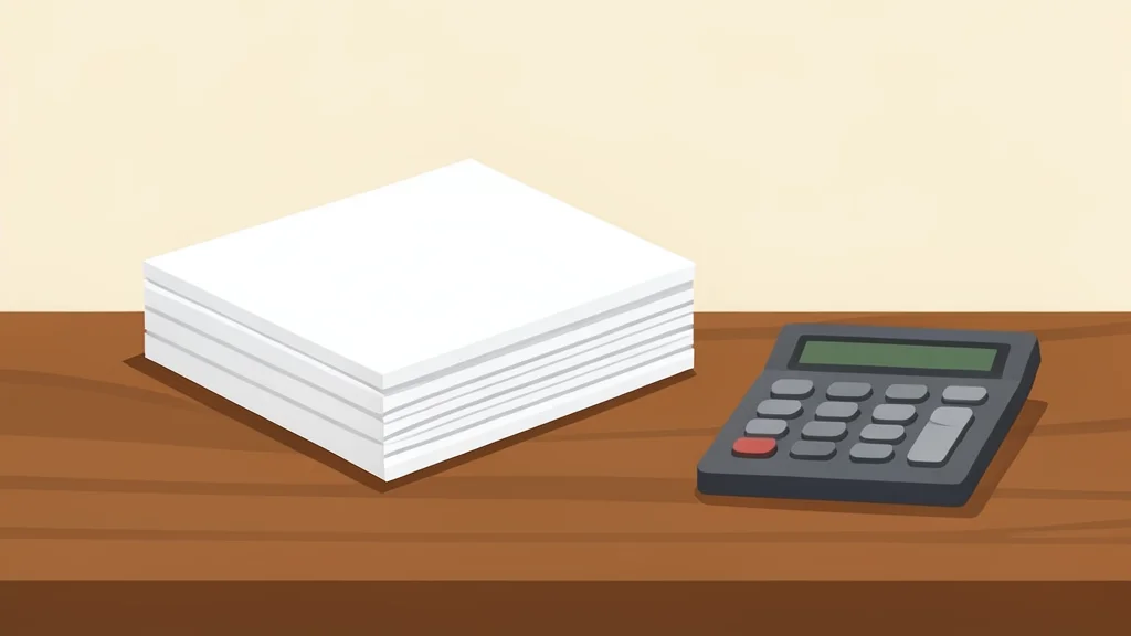 A stack of physical government bond certificates resting on a wooden desk next to a calculator