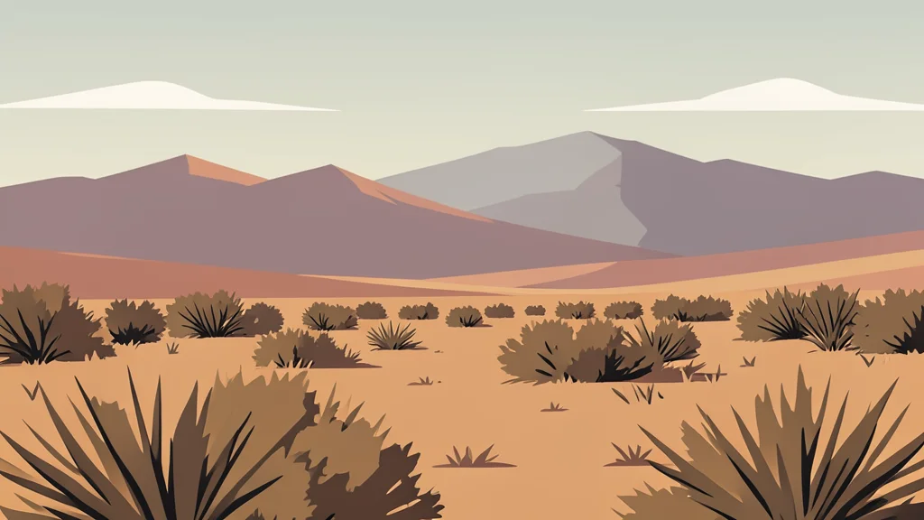 A flat-vector illustration of a rugged, arid landscape with dry scrub brush and distant mountains under a hazy sky.