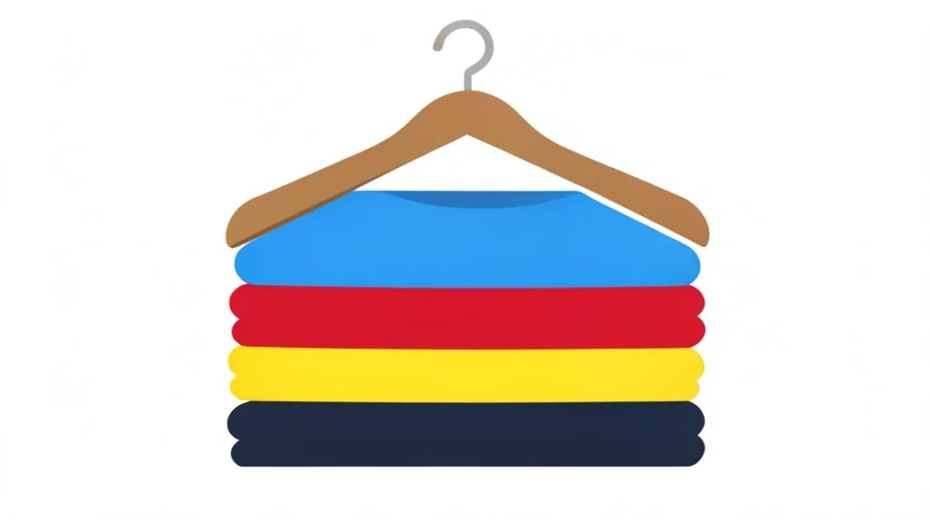 A neatly folded stack of colorful clothing on a wooden hanger