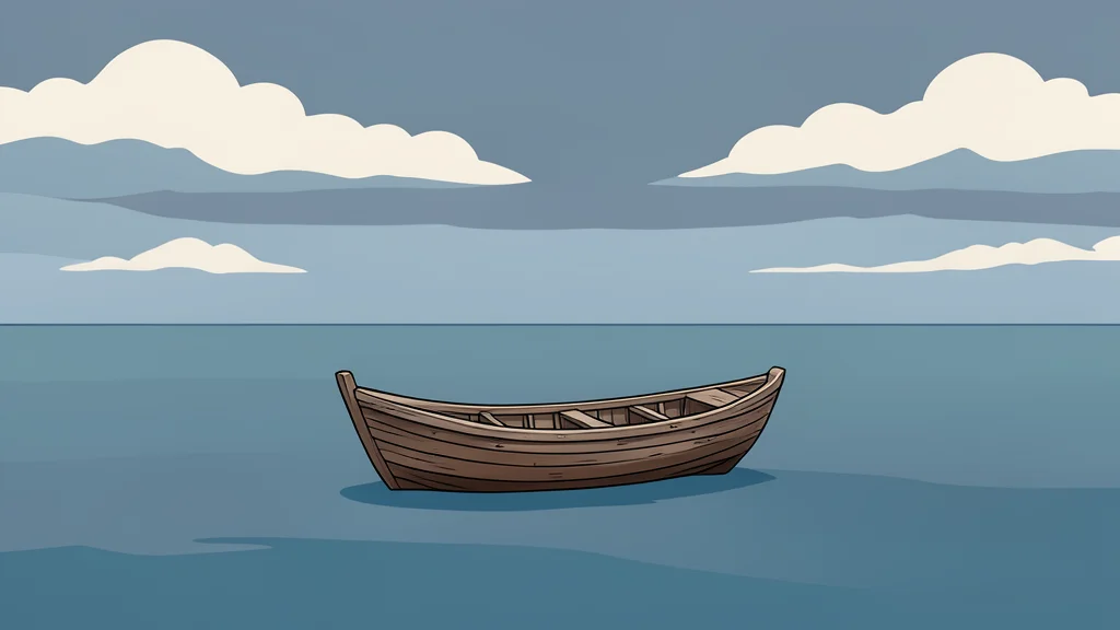 A small, weathered wooden boat floating on a vast, open body of water under a cloudy sky