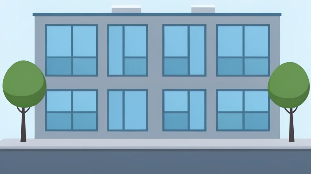 A modern apartment building exterior with large windows and a quiet street in front
