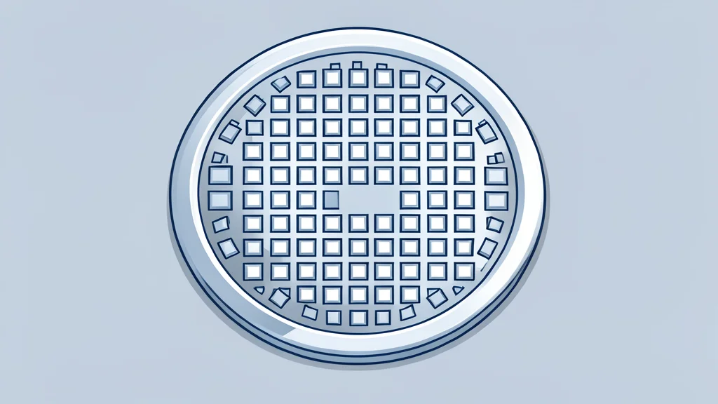 A close-up view of a silicon wafer with a grid of square chips, resting on a clean laboratory surface.