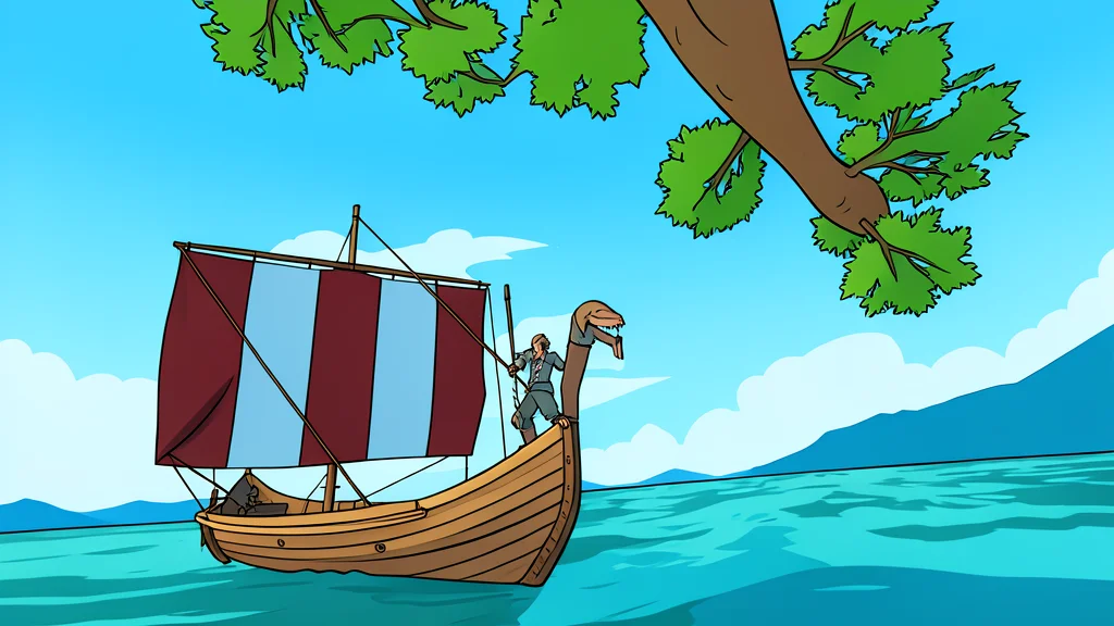 A weathered wooden longship resting on a calm, misty lake surrounded by pine trees
