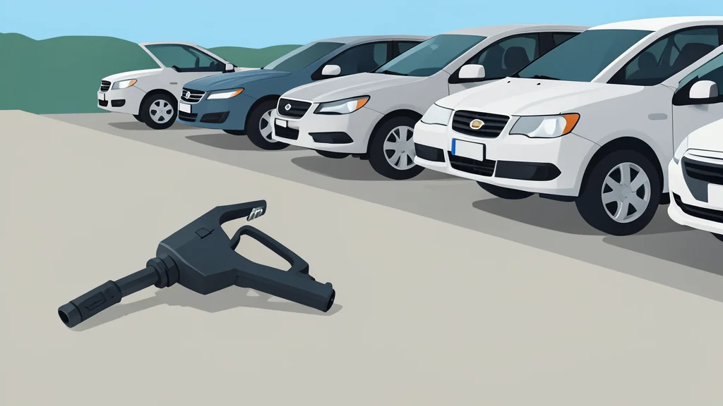 A fuel pump nozzle resting on a concrete surface next to a row of parked cars