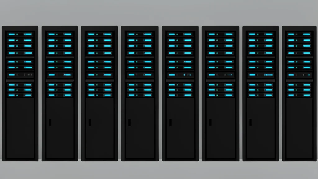 A modern server room with rows of black computer towers and glowing blue status lights