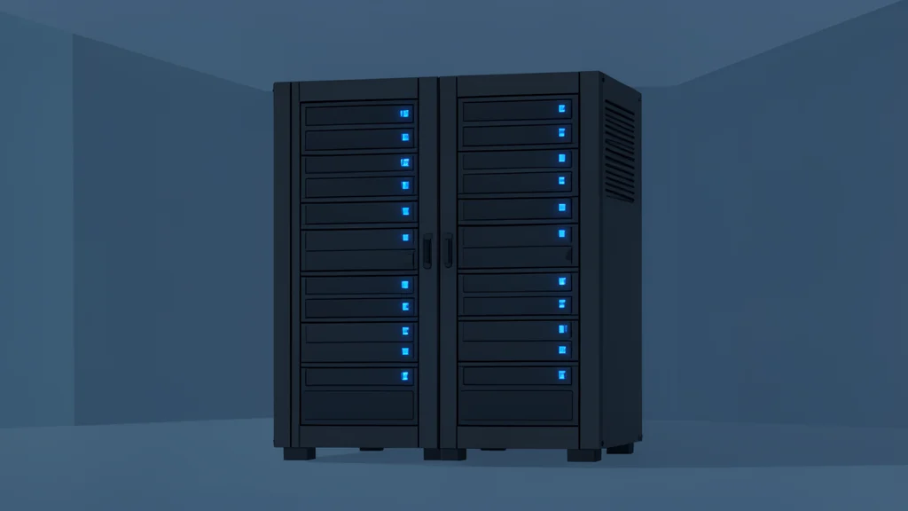 A large industrial server rack with glowing blue status lights inside a cool, dimly lit room
